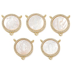Real 18K Gold Plated Brass Micro Pave Clear Cubic Zirconia Chandelier Component Links, Round with Virgin Mary & Saint Benedict, with Natural White Shell, Cadmium Free & Lead Free, Long-Lasting Plated, Rack Plating, Real 18K Gold Plated, 17x16x3mm, Hole: 1.4mm