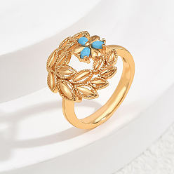 Синий Кольца для женщин с латунным паве из кубического циркония, лист с цветком, синие, размер США 7 (17.3 мм)