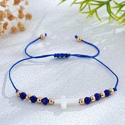 Синий Регулируемые браслеты из плетеных бусин из стекла и латуни, украшения в виде креста из натуральных ракушек для женщин, синие, 11.02 дюйм (28 см)