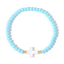 Небесно-голубой Богемные стеклянные бусины, эластичные браслеты, украшения из натуральных ракушек для женщин, крест и рондель, с латунным, голубой, 6.89 дюйм (17.5 см)