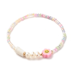 Pink Bracelets extensibles perlés, perles de fleurs en argile polymère, culture des perles perles d'eau douce naturelles, Perles de rocaille en verre, rose, 1/8 pouce (0.3 cm), diamètre intérieur: 2-1/4 pouce (5.7 cm)