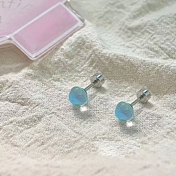 Light Sky Blue 316L Surgical Stainless Steel & Glass Stud Earrings, Round, Stainless Steel Color, Light Sky Blue, 6mm