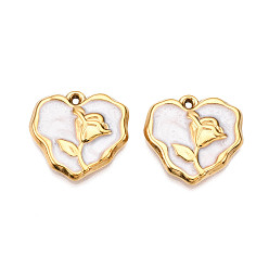 Белый 304 подвески из нержавеющей стали, с эмалью, сердце с цветочными подвесками, реальный 18 k позолоченный, ионное покрытие (ip), белые, 21x22x3.5 мм, отверстие : 1.2 мм