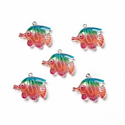 Fish Подвески из прозрачной смолы на тему океана, с блестящей пудрой и железными петлями платинового тона, очарование морских животных, красочный, узор рыбы, 25.5x30x9 мм, отверстие : 2 мм