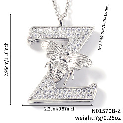 Letter Z Ожерелья с подвесками из латуни с прозрачным кубическим цирконием и микропаве, платина, Письмо Z, 15.75 дюйм (40 см), Кулон : 29.5x22 мм