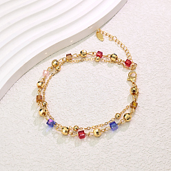 Настоящее золото 18K Элегантные женские браслеты на ногу в винтажном стиле из латунной ограненной круглой и цветной кубической стеклянной цепочки с двойным слоем, регулируемые, реальный 18 k позолоченный, 8-1/4 дюйм (210 мм)