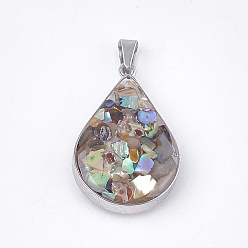 Colorful Black Lip Shell Pendants, with Glass and 304 Stainless Steel Findings, teardrop, Stainless Steel Color, Colorful, 26.5~27x17~17.5x6.5~7mm, Hole: 3x5.5mm