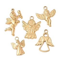 Настоящее золото 18K 5 шт. 304 подвески из нержавеющей стали, ангельское очарование, ионное покрытие (ip), реальный 18 k позолоченный, 19~29x13~20x2~4 мм, отверстие : 1~3 мм