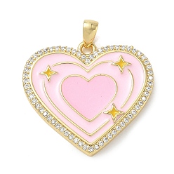 Pink Brass Micro Pave Clear Cubic Zirconia Pendants, with Enamel, Heart Charms, Real 14K Gold Plated, Pink, 23x24.5x2.5mm, Hole: 4x2.5mm