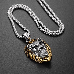 Черный Цвет Металла & Золотой 304 подвеска в виде головы льва из нержавеющей стали с прозрачными кубическими цирконами и цепочкой, металлический черный & золотой, 27.56 дюйм (70 см)