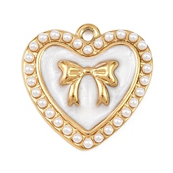 Белый 304 нержавеющей стальной эмали подвески, белые сердечки с имитацией жемчуга из АБС-пластика, ионное покрытие (ip), реальный 18 k позолоченный, белые, 21.5x21.5x4 мм, отверстие : 1.6 мм