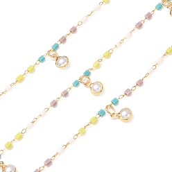 Golden Brass & Glass Seed Beaded & ABS Plastic Pearl Chain, Round & Column, Soldered, with Spool, Golden, 7.5x5x2.5mm
