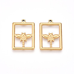 Настоящее золото 18K 304 подвески из нержавеющей стали, ионное покрытие (ip), прямоугольник с подвесками в виде стрекозы, реальный 18 k позолоченный, 29.5x20.5x2.5 мм, отверстие : 1.6 мм