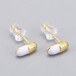 Белый Серьги-гвоздики из латуни, с пластиковыми гайками уха, долговечный, овальные, реальный 18 k позолоченный, белые, 8.5x4 мм, штифты : 0.8 мм