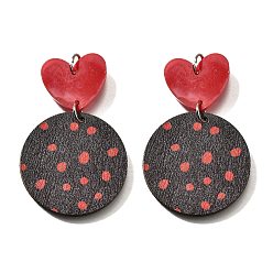 (123L) Белый крем непрозрачный блеск Подвески из тополя, плоский круглый с узором в горошек и подвесками в виде сердечек, с акриловой и платиновой петлей, огнеупорный кирпич, 55.5x34.5x2.5 мм, отверстие : 5 мм