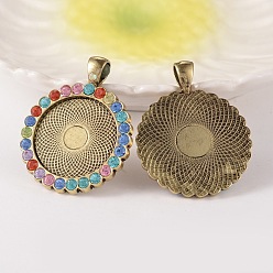 Разноцветный Плоские настройки кулон кабошон круглый сплав горный хрусталь, без кадмия, без никеля и без свинца, античная бронза, красочный, лоток : 25 мм, 43x34x3 мм, отверстия: 4x7 mm, 38 шт / пакет