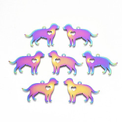 Rainbow Color Ионное покрытие (ip) 201 подвески из нержавеющей стали для домашних животных, гравированные металлические украшения, собака с сердцем, Радуга цветов, 25x35x0.3 мм, отверстие : 1.8 мм