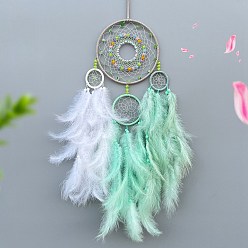 Средний Аквамарин Тканая паутина/сетка с украшениями из перьев, с железным кольцом, подвесные украшения для домашней спальни, средний аквамарин, 730 мм