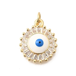 Настоящее золото 18K Латунные микропаве прозрачные подвески с фианитом, плоский круглый с оберегами от сглаза, с эмалью, реальный 18 k позолоченный, 18x15x5 мм, отверстие : 3 мм