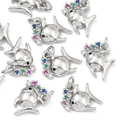 Real Platinum Plated SHEGRACE Brass Colorful Cubic Zirconia Charms, Fish Charms, Cadmium Free & Lead Free & Nickel Free, Real Platinum Plated, 11x10.5x3mm, Hole: 2.5mm