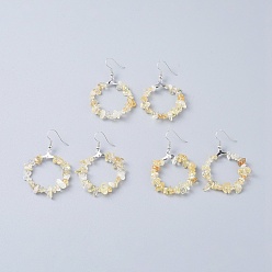 Цитрин Натуральный цитрин мотаться серьги, с платиновыми латунь серьги крючки, круглые кольца, 51.2~56.2 мм , штифт: 0.5 мм