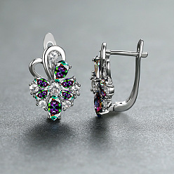 (52) Непрозрачная лаванда Серьги-кольца с цветами из латуни с микропаве из кубических цирконий, платина, разноцветные, 16x11 мм