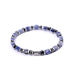 Blue Spot Jasper Natural Blue Spot Jasper Cube Beaded Stretch Bracelets for Women, with Synthetic Non-magnetic Hematite and Stainless Steel Beads, Stainless Steel Color, 7.09 inch(18cm)~7.28 inch(18.5cm)