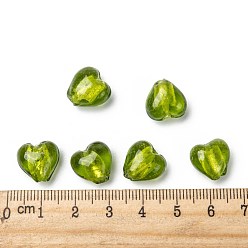 Yellow Green Handmade Silver Foil Glass Beads, Heart, Yellow Green, 12x12x8mm, Hole: 2mm