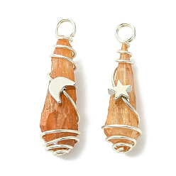 Серебро 2шт. подвески из гальванизированной натуральной кварцевой хрустали, обернутые медной проволокой, подвески-слезинки с латунной звездой и луной, серебряные, 28~37x9.5~15.5x7.5~16 мм, отверстие : 3.5~4 мм