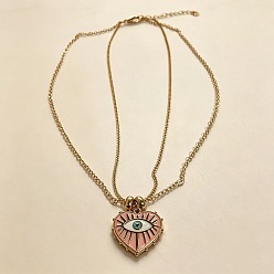 Pink Подвеска в виде сердца с эмалью и символом сглаза, двухслойное ожерелье из сплава., золотые, розовые, 17.72 дюйм (45 см)