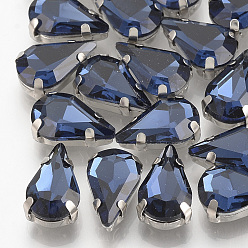 Прусский Синий Шить на горный хрусталь, многожильных ссылки, стекло горный хрусталь, с настройками латуни, аксессуары для одежды, граненые, слеза, платина, берлинская лазурь, 8x5.5x4 мм, отверстие : 0.8~1 мм