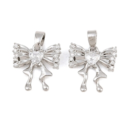 Platinum Brass Micro Pave Clear Cubic Zirconia Pendants, Bowknot with Heart Charms, Platinum, 22x20.5x2mm, Hole: 5x3mm