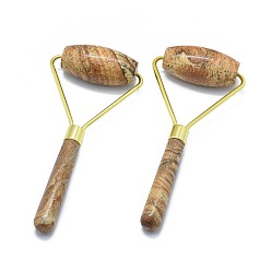 Пейзажный Джаспер Натуральная картина яшма латунь массажер для лица, лицевые ролики, золотые, 140.5x62.5x25 мм