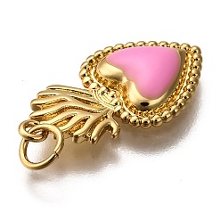 Pearl Pink Golden Tone Brass Enamel Pendants, with Jump Rings, Long-Lasting Plated, Heart, Pearl Pink, 22x12x3mm, Hole: 3.5mm
