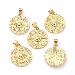 Echt 18 k vergoldet Messing Anhänger & Charms, cadmiumfrei und bleifrei, langlebig überzogen, flach rund mit zwölf Konstellationen, echt 18 k vergoldet, 23x19.5x1.5 mm, Bohrung: 5x3 mm