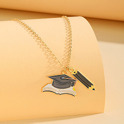 Hat Back to School Alloy Enamel Pendant Cable Chain Necklaces, Golden, Black, Graduation Cap and Pencil, 15.75 inch(40cm), pendant: 24x22mm & 21x5mm
