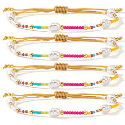 Coloré 4Bracelets tressés en perles de verre et perles d'imitation, Bracelets ajustables en fil de nylon tressé pour femmes, colorées, 11.02 pouce (28 cm)