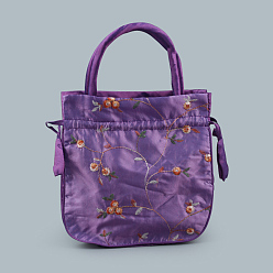 Dark Orchid Retro Rectangle Cloth Drawstring Women Wristlets, with Handles, Embroidery Flower Pattern, Dark Orchid, 21x20x6cm