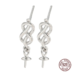 Real Platinum Plated Rhodium Plated 925 Sterling Silver Stud Earring Findings, for Half Drilled Beads, with S925 Stamp, Real Platinum Plated, 15x4mm, Pin: 10.5x0.7mm and 0.7mm