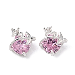 Pink Латунные подвески в виде самолета, инкрустированные кубическим цирконием, 925 серебро покрытием, розовые, 13x12.5x9 мм, отверстие : 1.4 мм