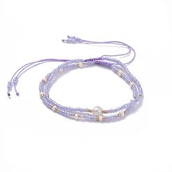 Lilac Braided Beaded Bracelets, with Glass Seed Beads, Pearl Bead and Burlap Bags, Lilac, 2-1/8 inch(5.5cm), 2pcs/set
