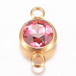 Роза Соединители стеклянные ссылки, граненые, с 304 фурнитурой из нержавеющей стали, плоско-круглые, золотые, роза, 17.5x10x6.5 мм, отверстие : 2.5 мм