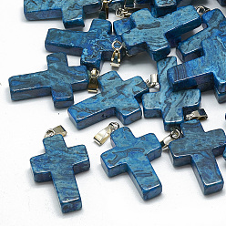 Blue Agate Окрашенные натуральные синие агатовые подвески, с защелкой из нержавеющей стали на поручнях, крестик, 29~30x18~19x5~6 мм, отверстие : 6x4 мм