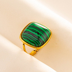 Малахит Регулируемые 304 манжеты из нержавеющей стали с открытыми кольцами для женщин, квадратный, с синтетическим малахита, золотые, 20 мм, внутренний диаметр: 17 мм