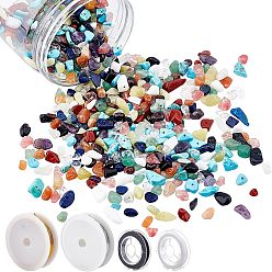Mixed Stone DIY Stretch Bracelets and Wire Wrapped Pendants Making Kits, Including Gemstone Chip Beads, Aluminum Wire, Elastic Beading Thread, 3~8x4~8mm, Hole: 1mm, 15materials, 15g/material, 225g