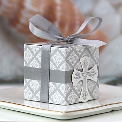 Светло-серый Складные картонные коробки для конфет, коробка для упаковки свадебного подарка, с лентой, квадратный с крестом, светло-серый, 5.3x5.3x5.3 см