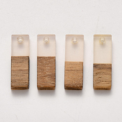 Clear Transparent Resin & Walnut Wood Pendants, Waxed, Rectangle, Clear, 20x6.5x3~4mm, Hole: 1.8mm