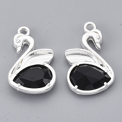 Silver Eco-Friendly Alloy Glass Pendants, Faceted, Nickel Free, Swan, Black, Silver Color Plated, 20x12.5x4mm, Hole: 1.5mm