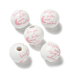 Light Coral Printed Wood European Beads, Round with Word Pattern, Light Coral, 15.5~16mm, Hole: 4~4.5mm