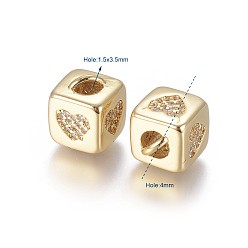 Golden Brass Micro Pave Cubic Zirconia Beads, Long-Lasting Plated, Cube with Heart Pattern, Golden, Clear, Golden, 10x8x8.5mm, Hole: 1.5x3.5mm and 4mm